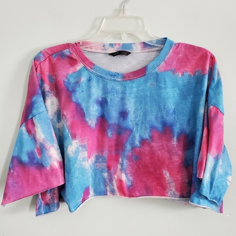 SHEIN Pink & Blue Tie-Dye Cropped Tee